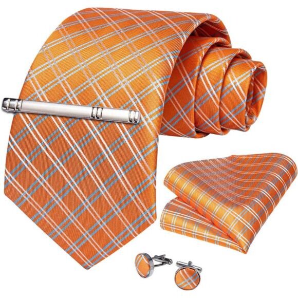 Plaid Ties for Men Silk Checkered Necktie and Pocket Square Cufflinks Tie Clip - Picture 4 of 7